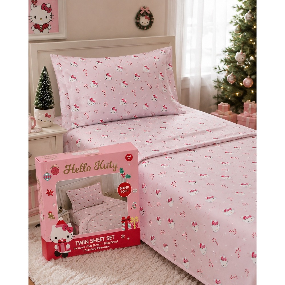 Hello Kitty Christmas Twin Sheet Set Pink Candy Cane Love 3 Piece Sanrio Bedding